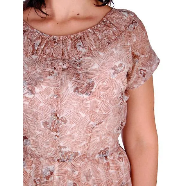 Vintage House Dress Sheer Nylon Plisse Print Brown & White Toni Todd 1950s 38-30-Free