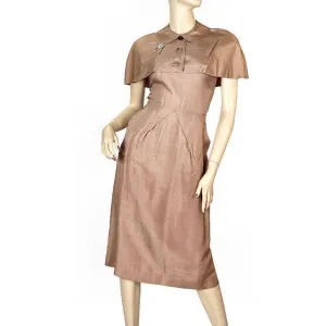 Vintage Mocha Silk Cocktail Dress W/ Cape Bolero 1950S Small 33-25-40