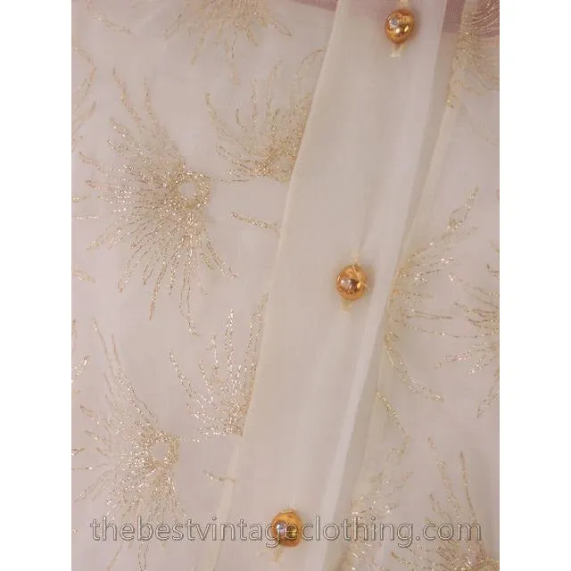 Vintage Sheer Nylon Blouse Gold Metallic Starbursts 1940s Small