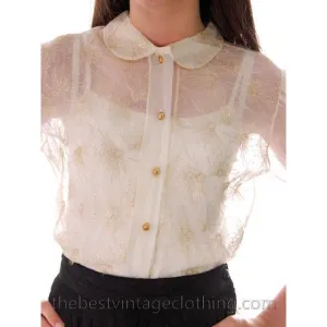 Vintage Sheer Nylon Blouse Gold Metallic Starbursts 1940s Small