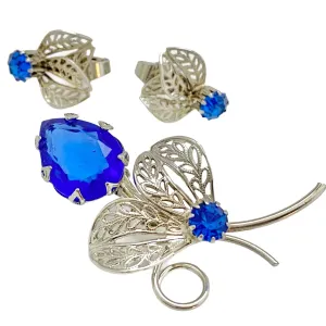 Vintage Silver Filigree Leaf with Royal Blue Rhinestone Brooch