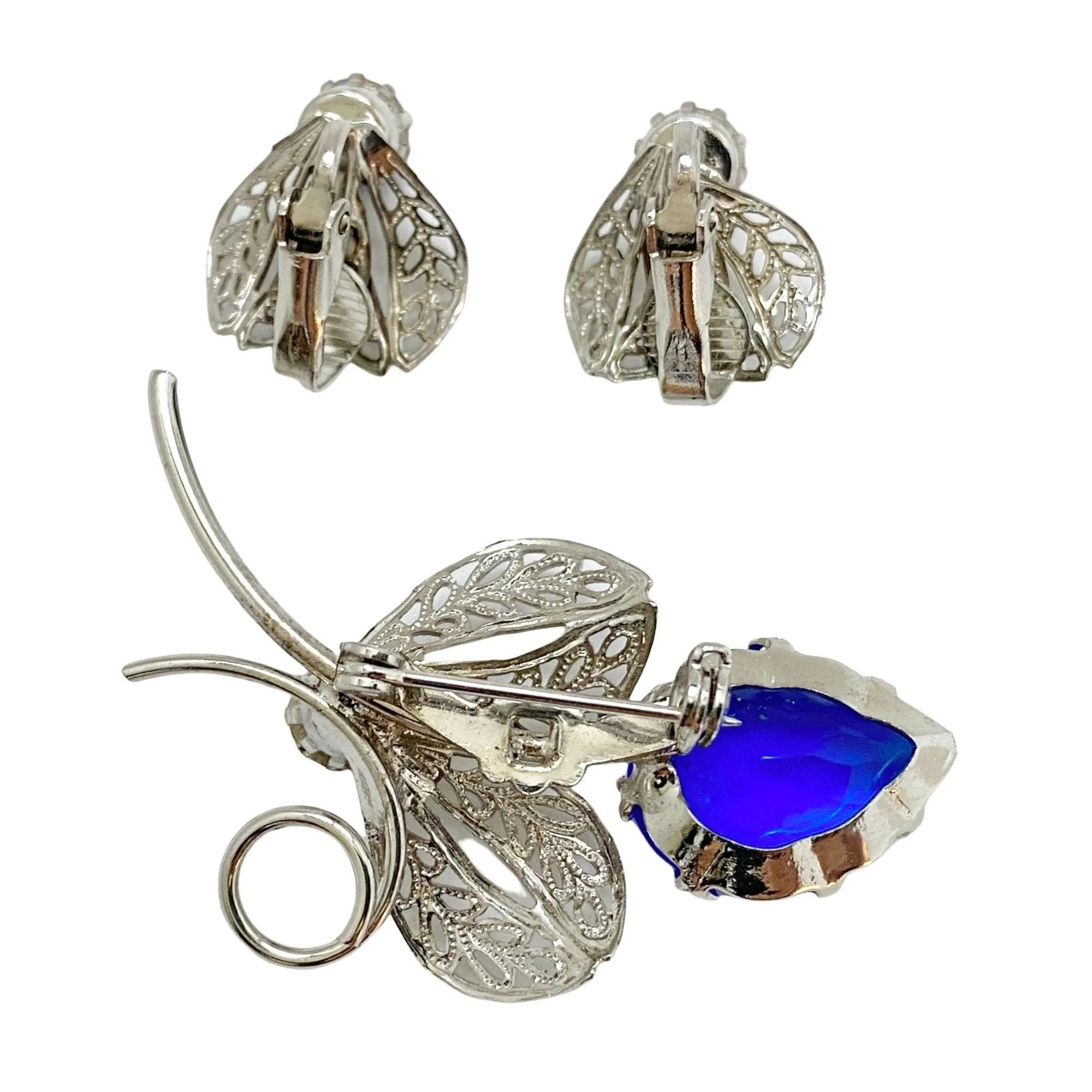 Vintage Silver Filigree Leaf with Royal Blue Rhinestone Brooch