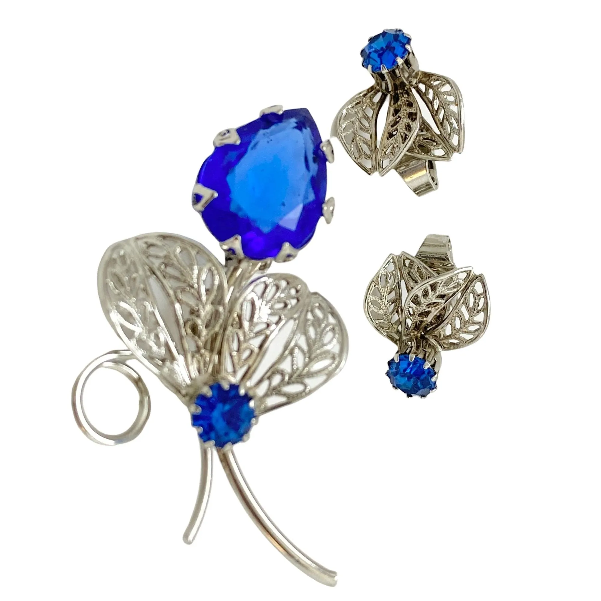 Vintage Silver Filigree Leaf with Royal Blue Rhinestone Earrings