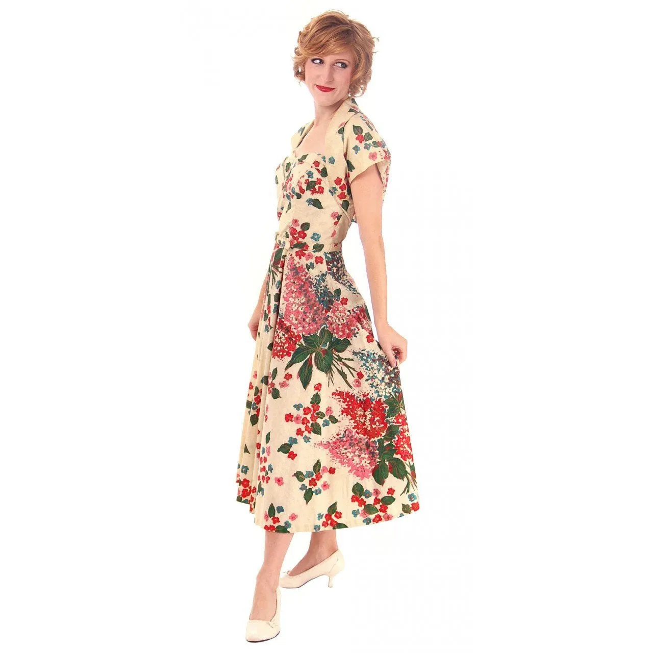 Vintage Strapless Dress Polished Printed Cotton Rhinestone Bodice 1950s Small