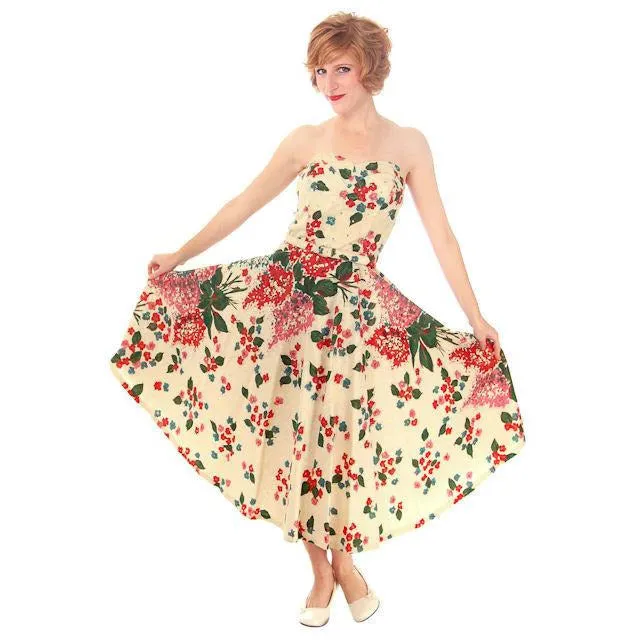 Vintage Strapless Dress Polished Printed Cotton Rhinestone Bodice 1950s Small