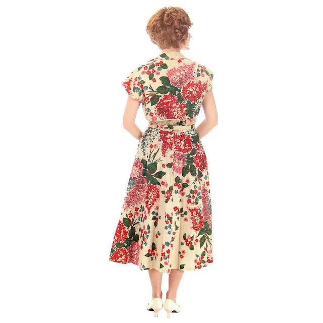 Vintage Strapless Dress Polished Printed Cotton Rhinestone Bodice 1950s Small