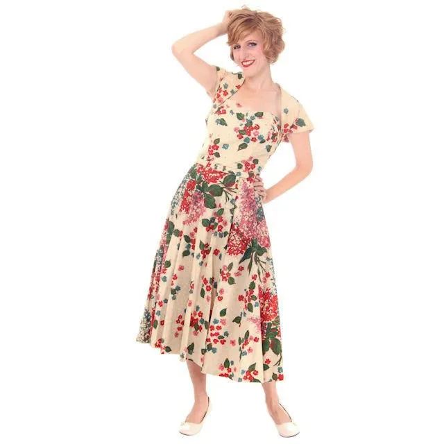 Vintage Strapless Dress Polished Printed Cotton Rhinestone Bodice 1950s Small