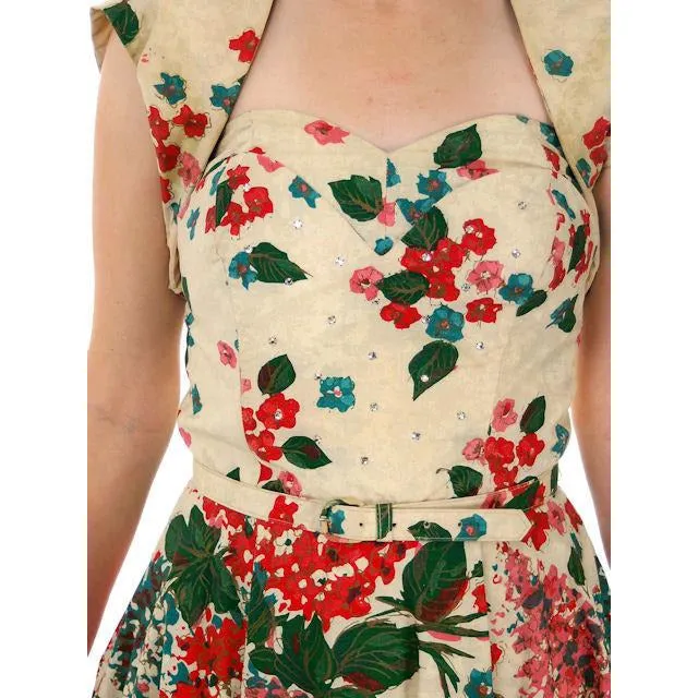 Vintage Strapless Dress Polished Printed Cotton Rhinestone Bodice 1950s Small