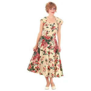 Vintage Strapless Dress Polished Printed Cotton Rhinestone Bodice 1950s Small