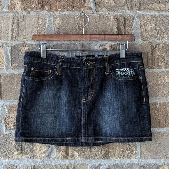 Vintage Y2K Ed Hardy Blinged Out Rhinestone Spellout Mini Denim Skirt Size 28