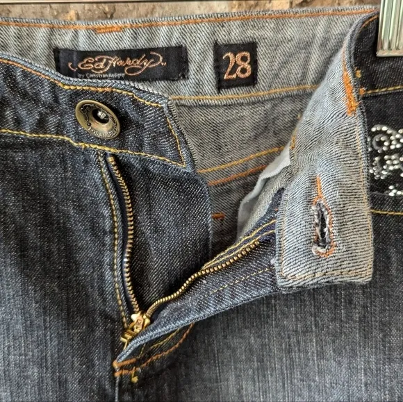 Vintage Y2K Ed Hardy Blinged Out Rhinestone Spellout Mini Denim Skirt Size 28