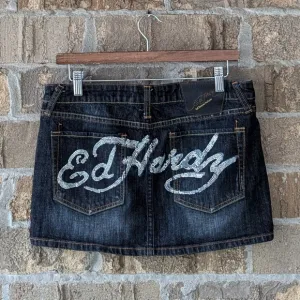 Vintage Y2K Ed Hardy Blinged Out Rhinestone Spellout Mini Denim Skirt Size 28