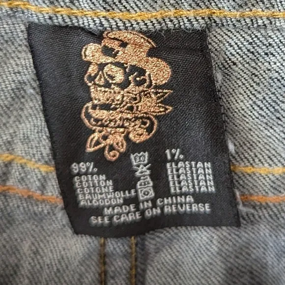Vintage Y2K Ed Hardy Blinged Out Rhinestone Spellout Mini Denim Skirt Size 28