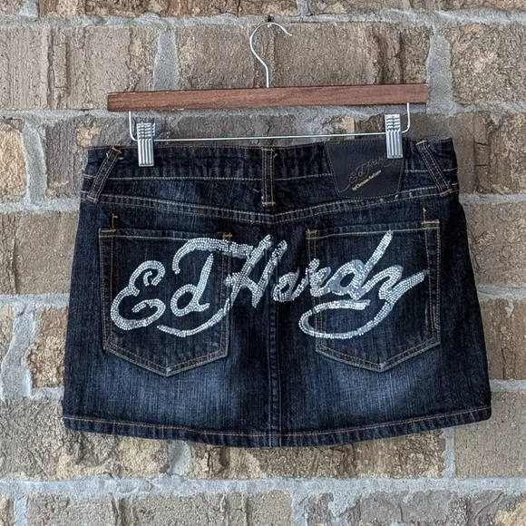 Vintage Y2K Ed Hardy Blinged Out Rhinestone Spellout Mini Denim Skirt Size 28