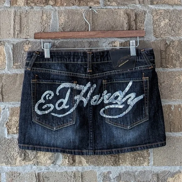 Vintage Y2K Ed Hardy Blinged Out Rhinestone Spellout Mini Denim Skirt Size 28