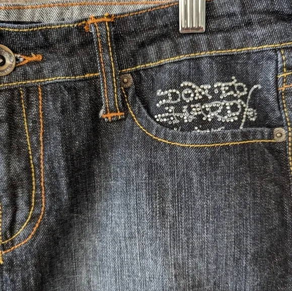 Vintage Y2K Ed Hardy Blinged Out Rhinestone Spellout Mini Denim Skirt Size 28