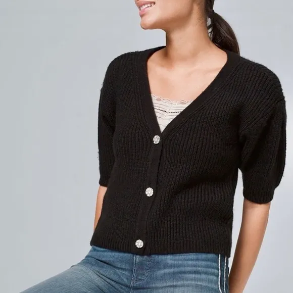 WHBM | Embellished Button Puff Sleeve Cardigan Sweater