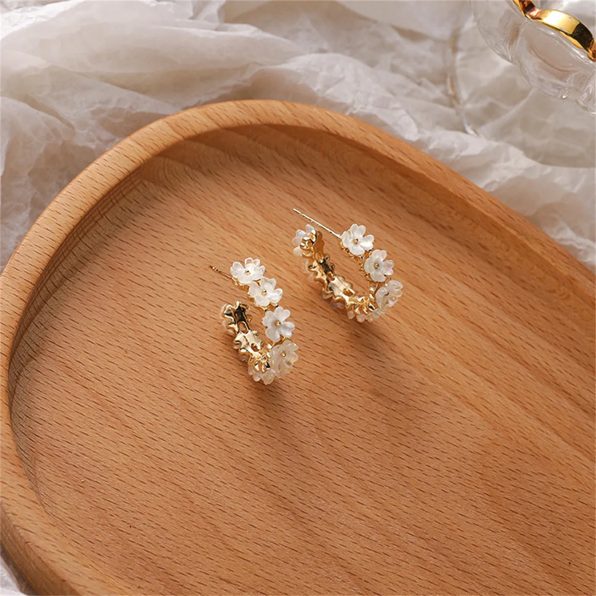 White Acrylic & 18K Gold-Plated Flower Huggie Earrings