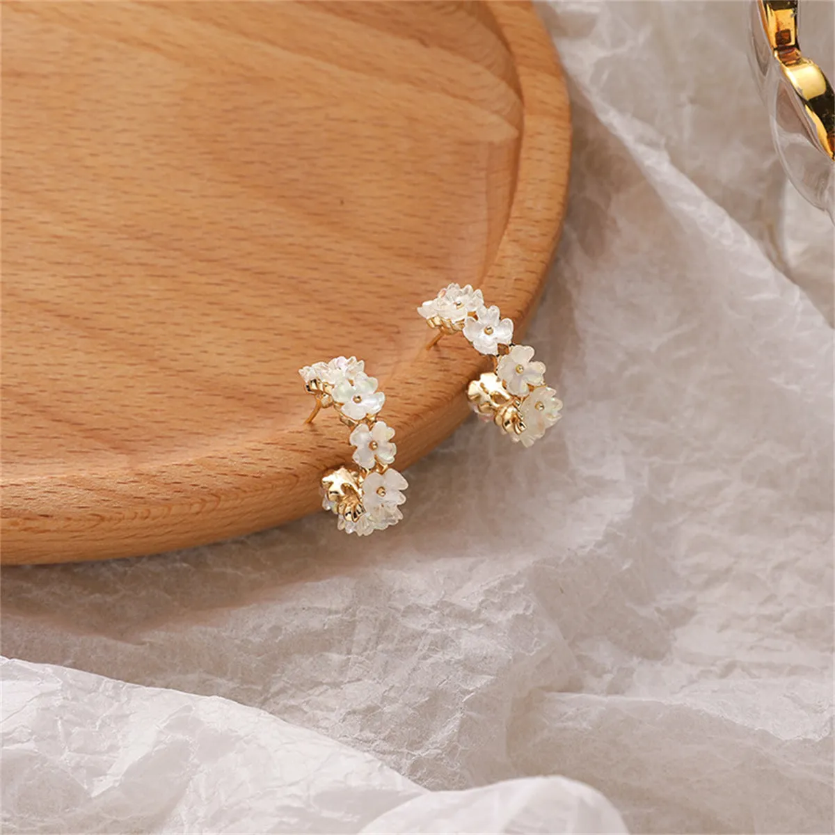 White Acrylic & 18K Gold-Plated Flower Huggie Earrings