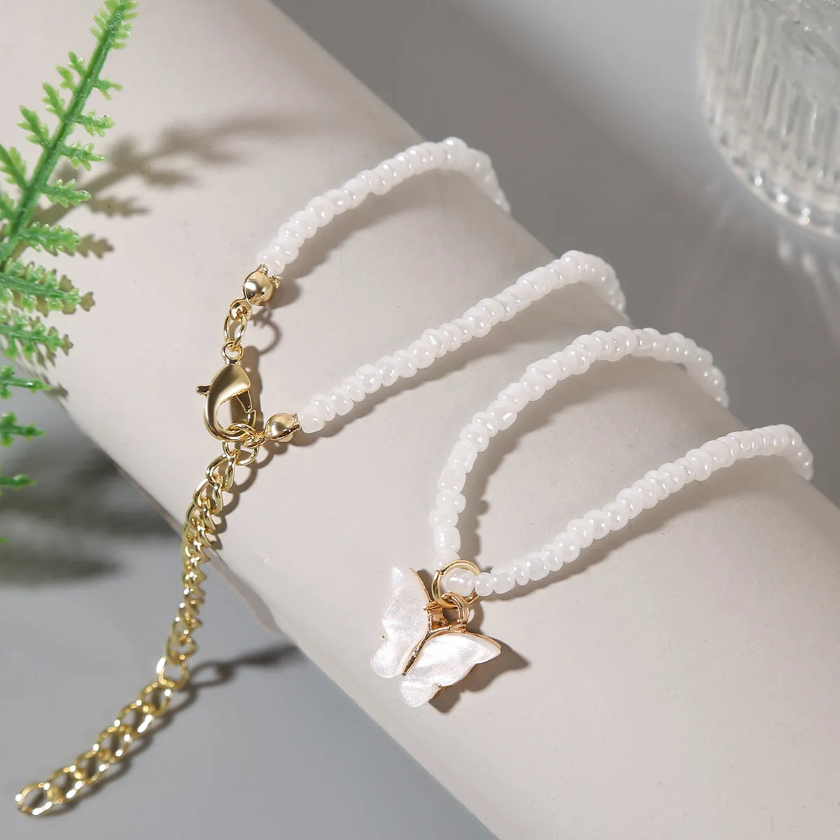 White & Howlite Butterfly Beaded Pendant Necklace