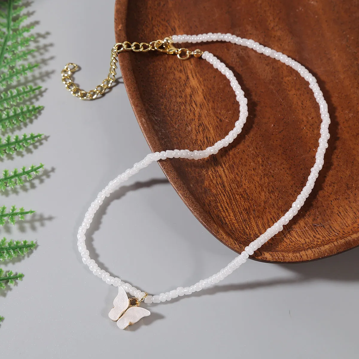 White & Howlite Butterfly Beaded Pendant Necklace