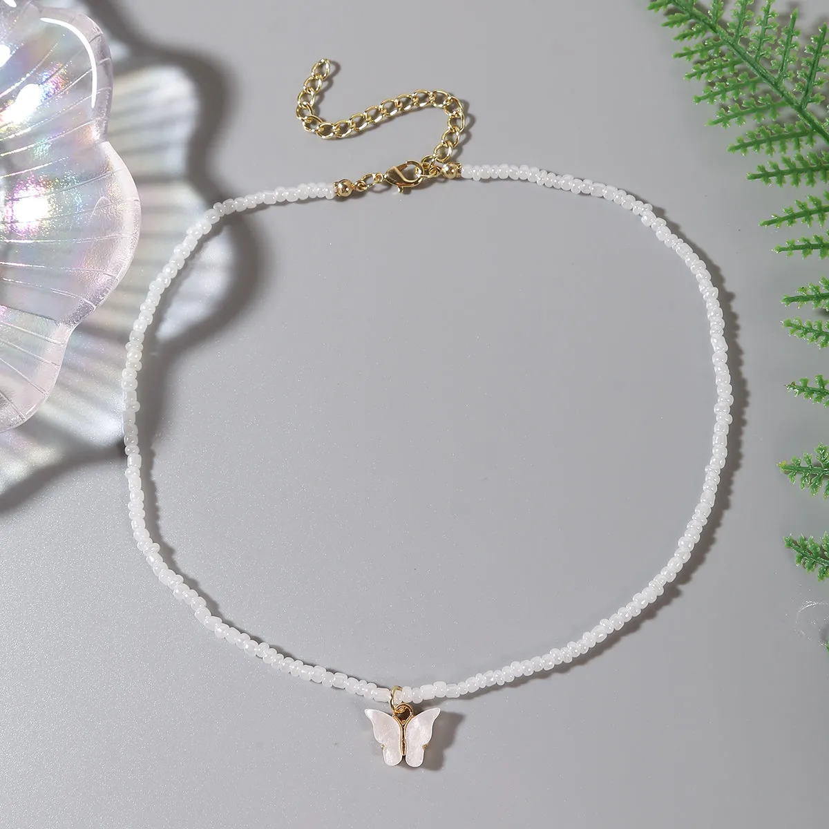 White & Howlite Butterfly Beaded Pendant Necklace