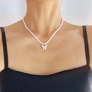White & Howlite Butterfly Beaded Pendant Necklace