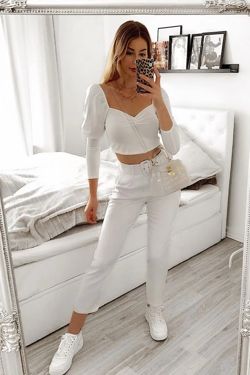 White Puff Sleeve Sweetheart Neckline Crop Top - Tomi