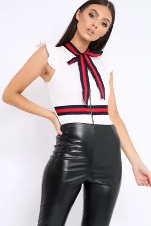 White Sleeveless Frill Stripe Bodysuit - Laili
