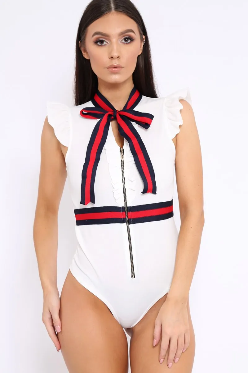 White Sleeveless Frill Stripe Bodysuit - Laili