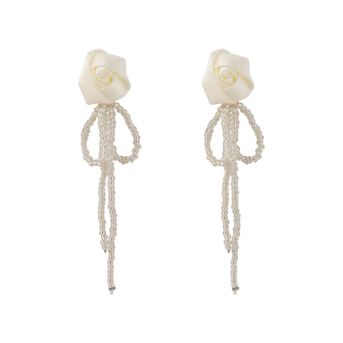 White Textile & Acrylic Rosette Beaded Tassel Drop Earrings