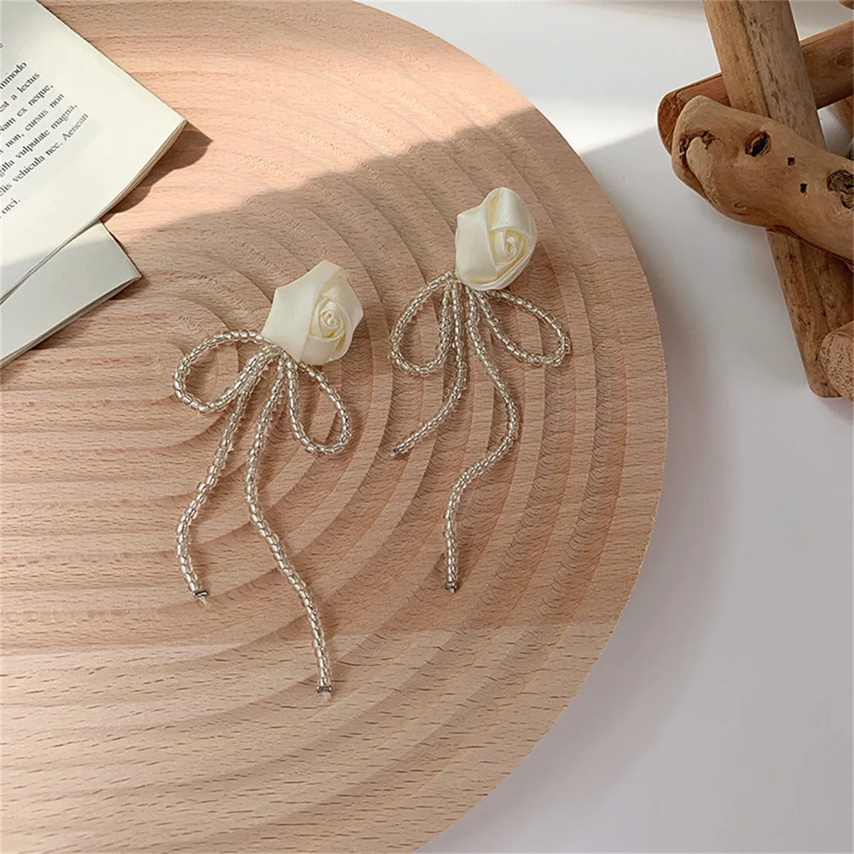 White Textile & Acrylic Rosette Beaded Tassel Drop Earrings