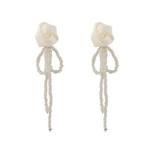 White Textile & Acrylic Rosette Beaded Tassel Drop Earrings