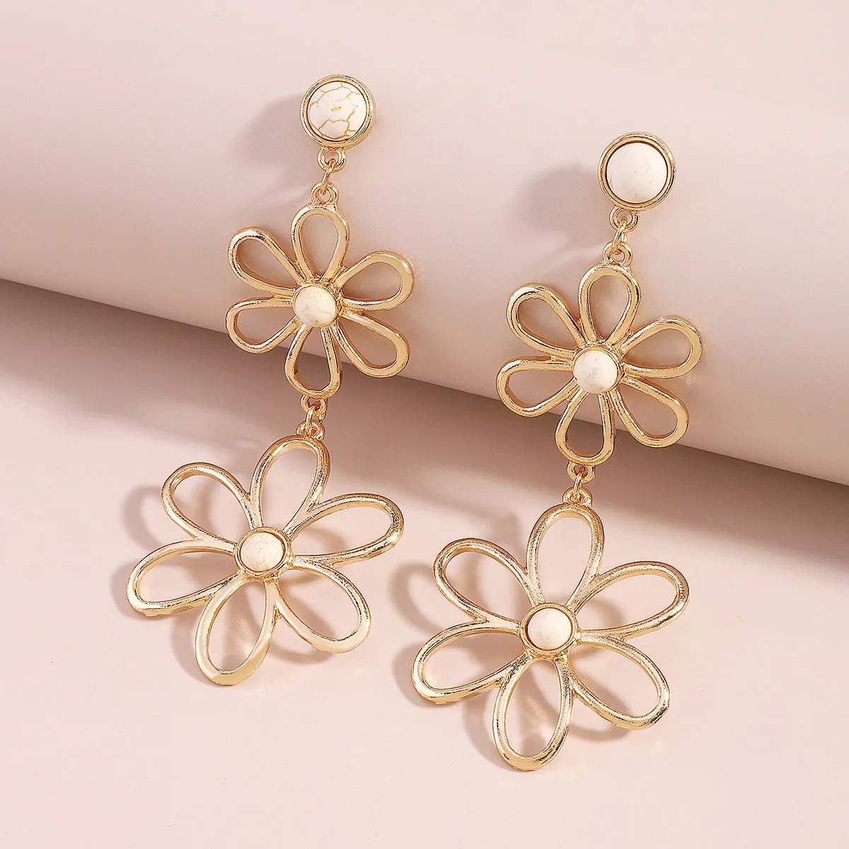 White Turquoise & 18K Gold-Plated Open Flowers Drop Earrings