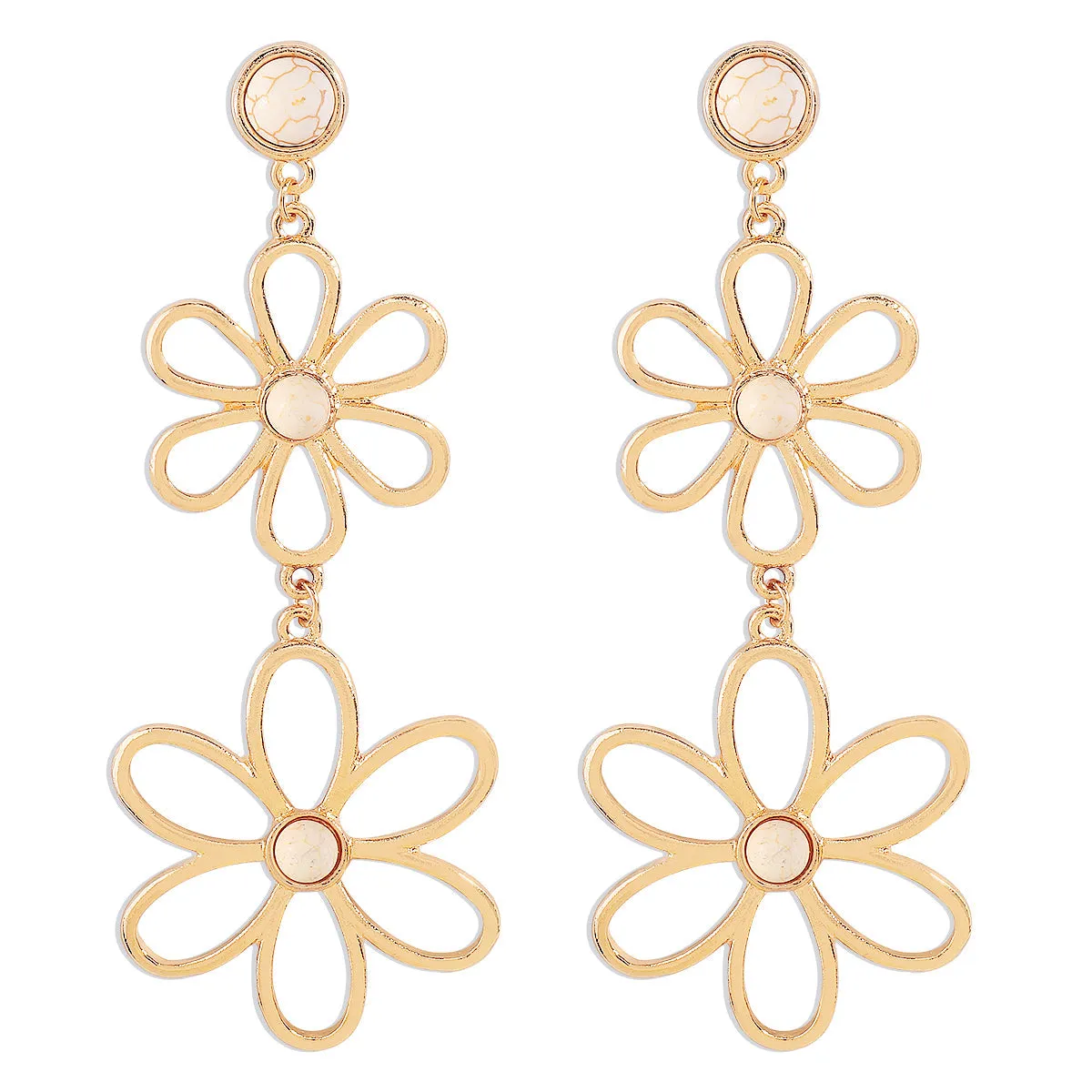White Turquoise & 18K Gold-Plated Open Flowers Drop Earrings