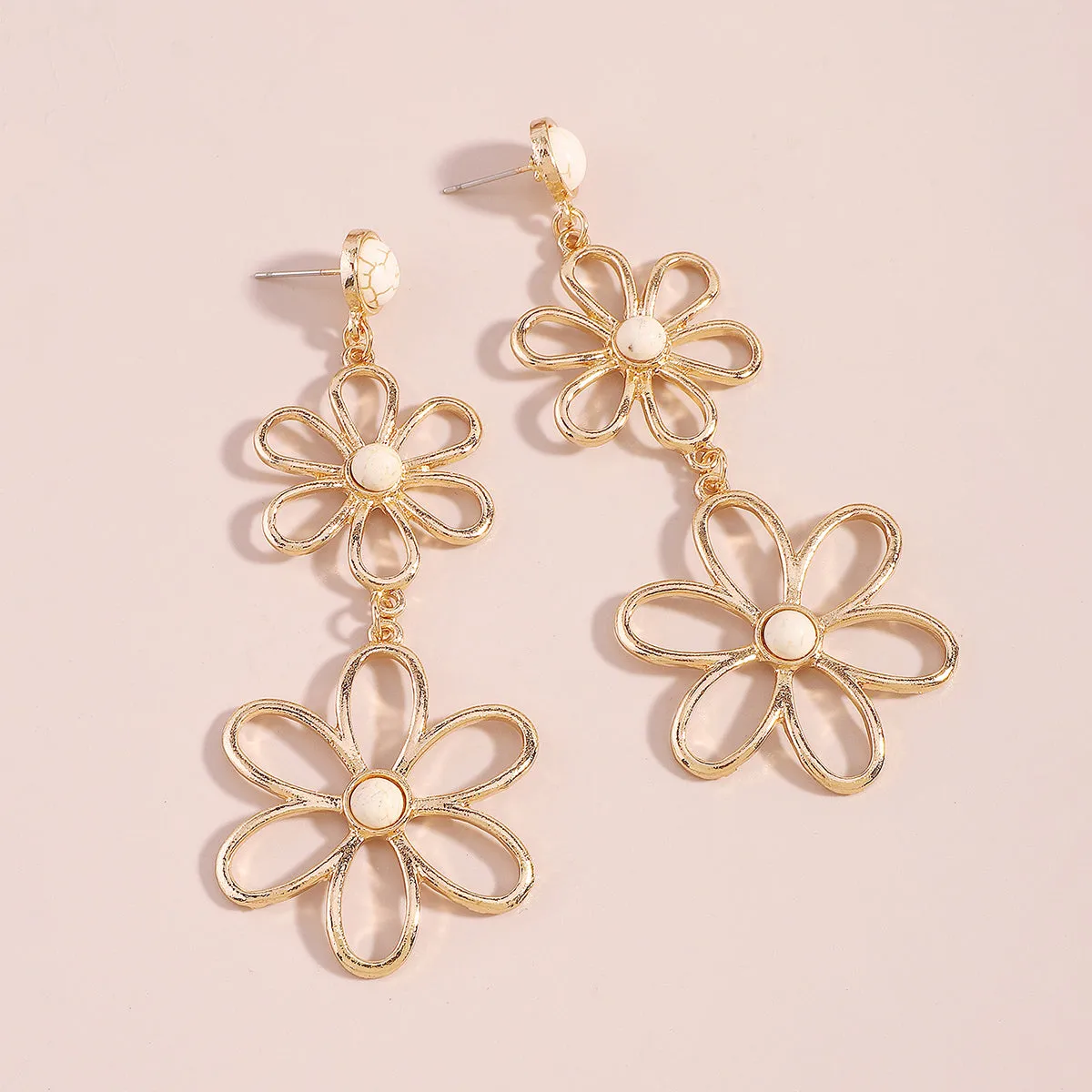 White Turquoise & 18K Gold-Plated Open Flowers Drop Earrings