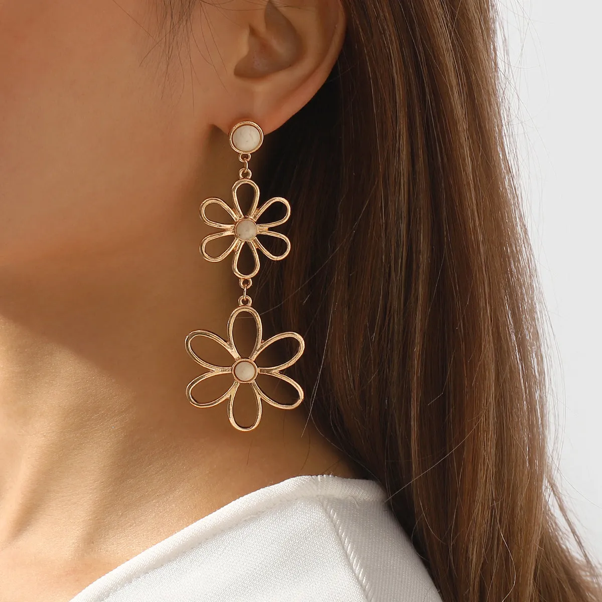 White Turquoise & 18K Gold-Plated Open Flowers Drop Earrings