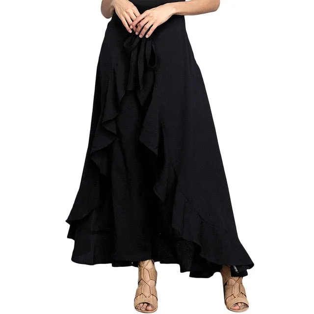 Women Palazzo Pants Ruffle Drawstring Trouser Elegant High Waist