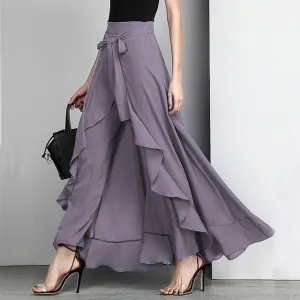 Women Palazzo Pants Ruffle Drawstring Trouser Elegant High Waist
