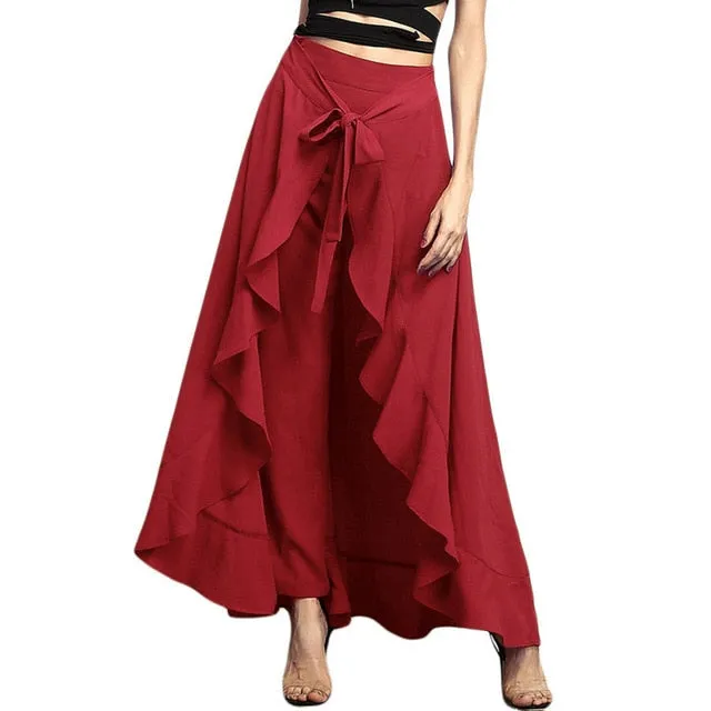 Women Palazzo Pants Ruffle Drawstring Trouser Elegant High Waist