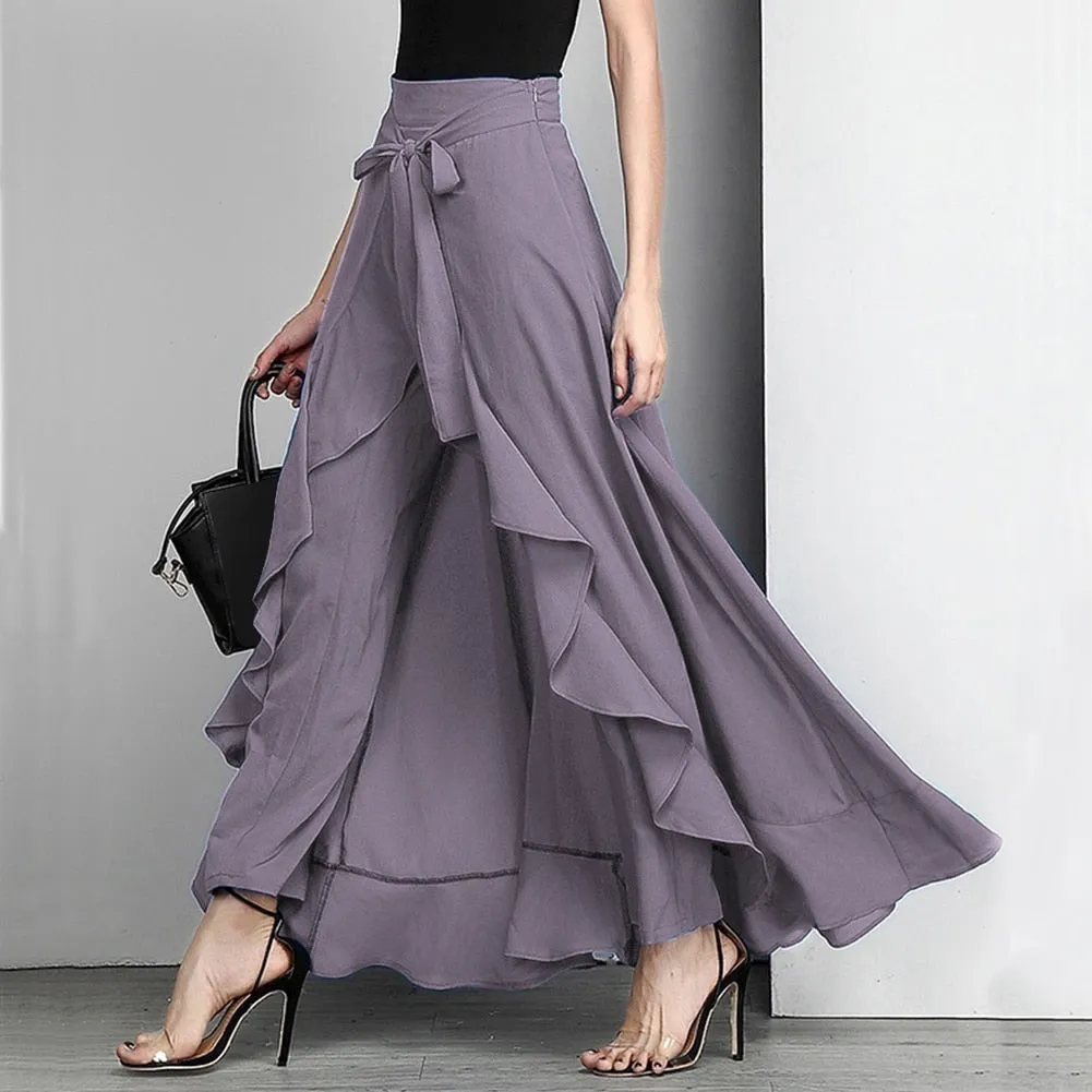 Women Palazzo Pants Ruffle Drawstring Trouser Elegant High Waist