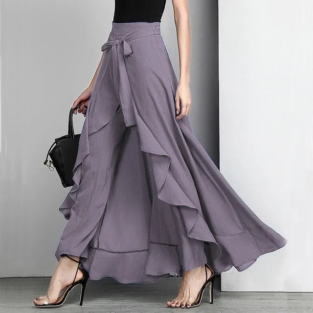 Women Palazzo Pants Ruffle Drawstring Trouser Elegant High Waist