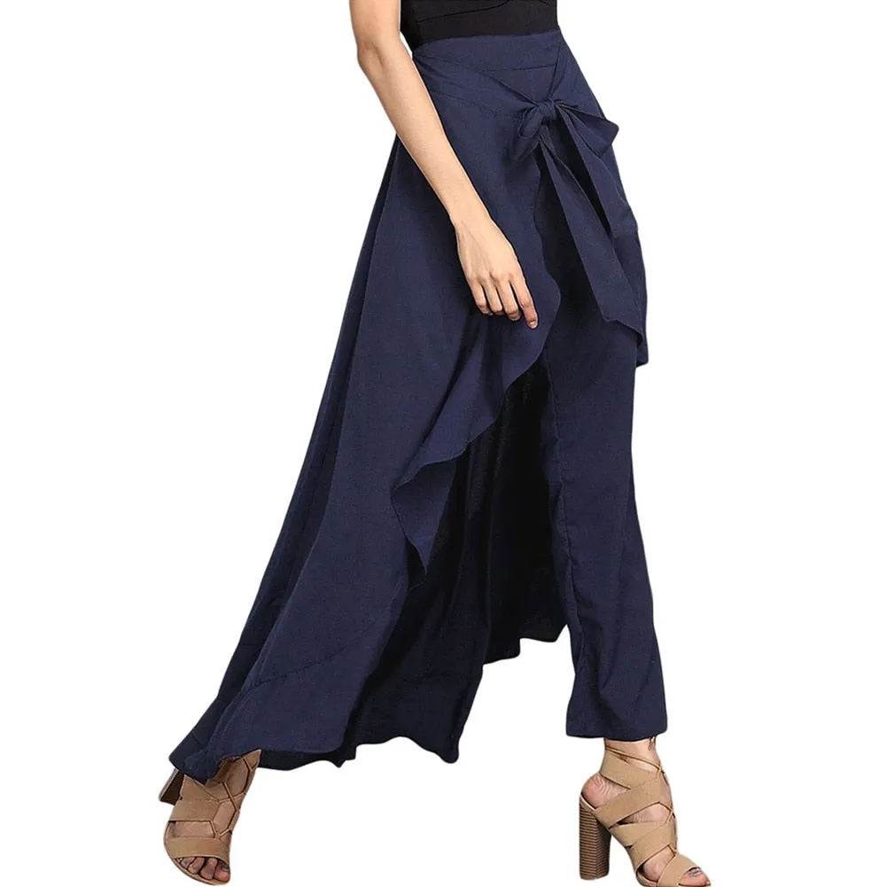 Women Palazzo Pants Ruffle Drawstring Trouser Elegant High Waist