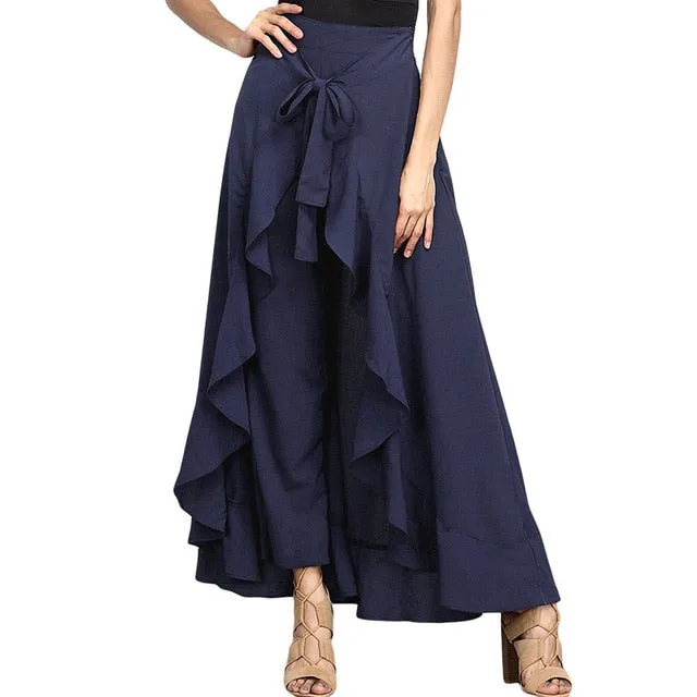 Women Palazzo Pants Ruffle Drawstring Trouser Elegant High Waist