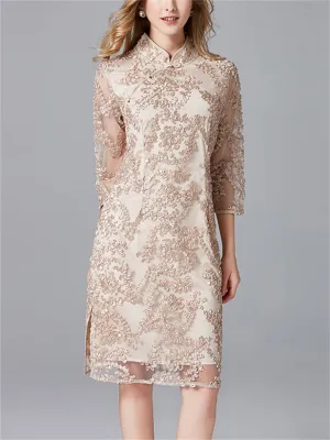 Women's 3D Embroidery Elegant Lace Patchwork Qipao Dress
