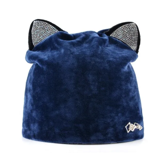 Women's Beanies Cat Velvet Hat With  Rhinestone Multiple Colors