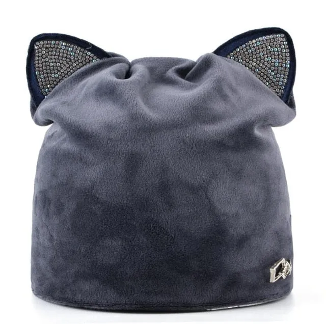 Women's Beanies Cat Velvet Hat With  Rhinestone Multiple Colors