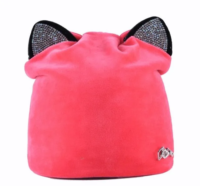 Women's Beanies Cat Velvet Hat With  Rhinestone Multiple Colors