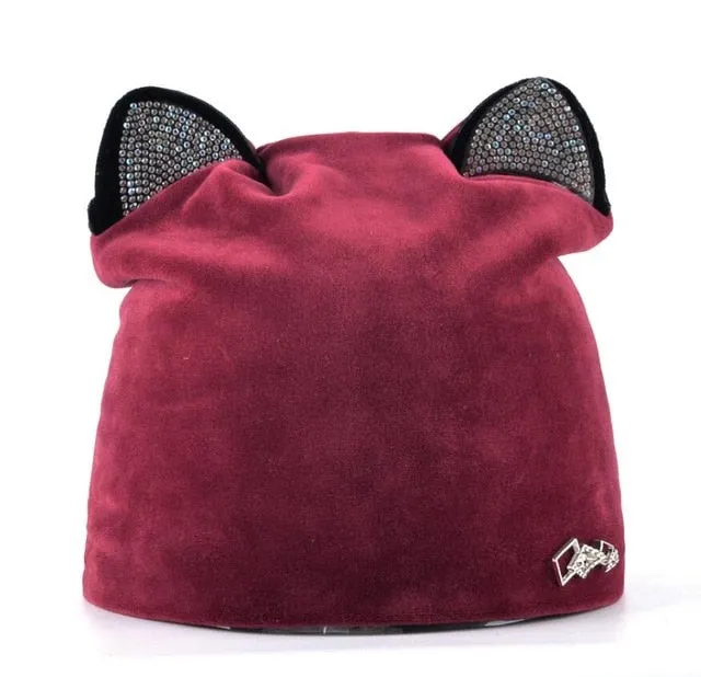 Women's Beanies Cat Velvet Hat With  Rhinestone Multiple Colors