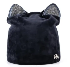 Women's Beanies Cat Velvet Hat With  Rhinestone Multiple Colors